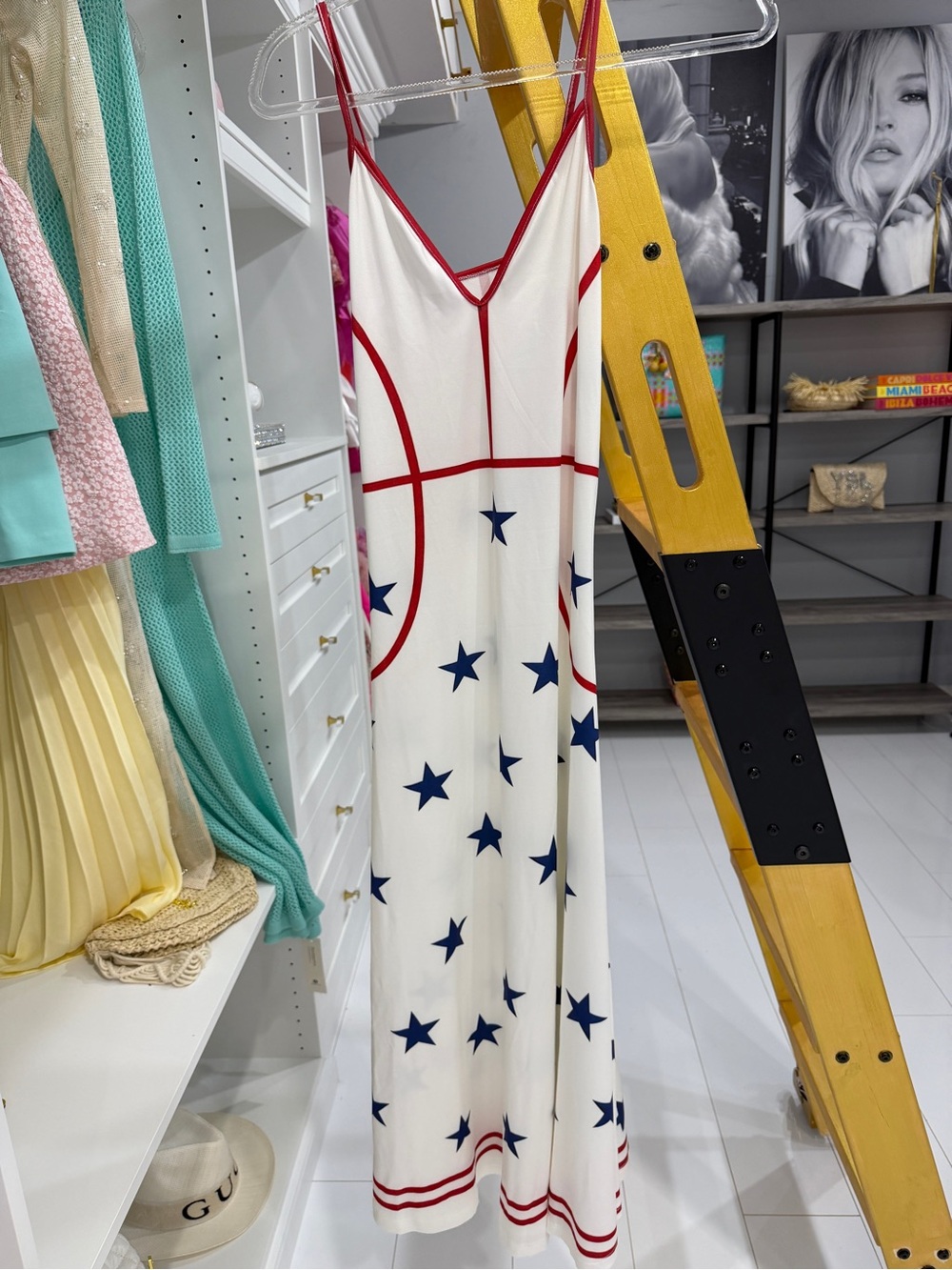 Star Print White Slip Dress with Red Trim